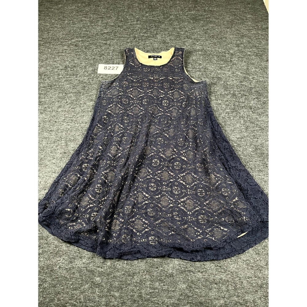 Sharagano Shift Dress Womens 4 Navy Blue Cotton Lined Lace Floral Scoop Neck